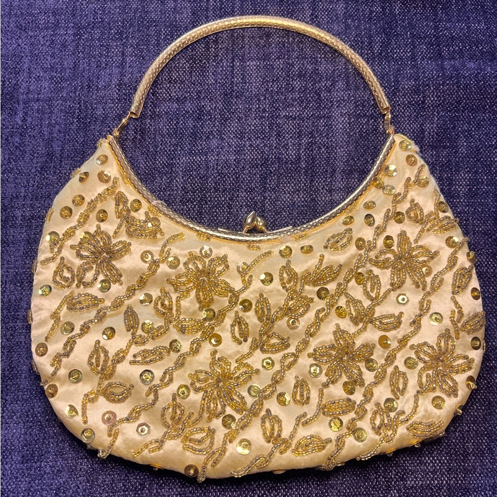 1960s Vintage small gold hand-beaded sequins, made in Hong Kong.